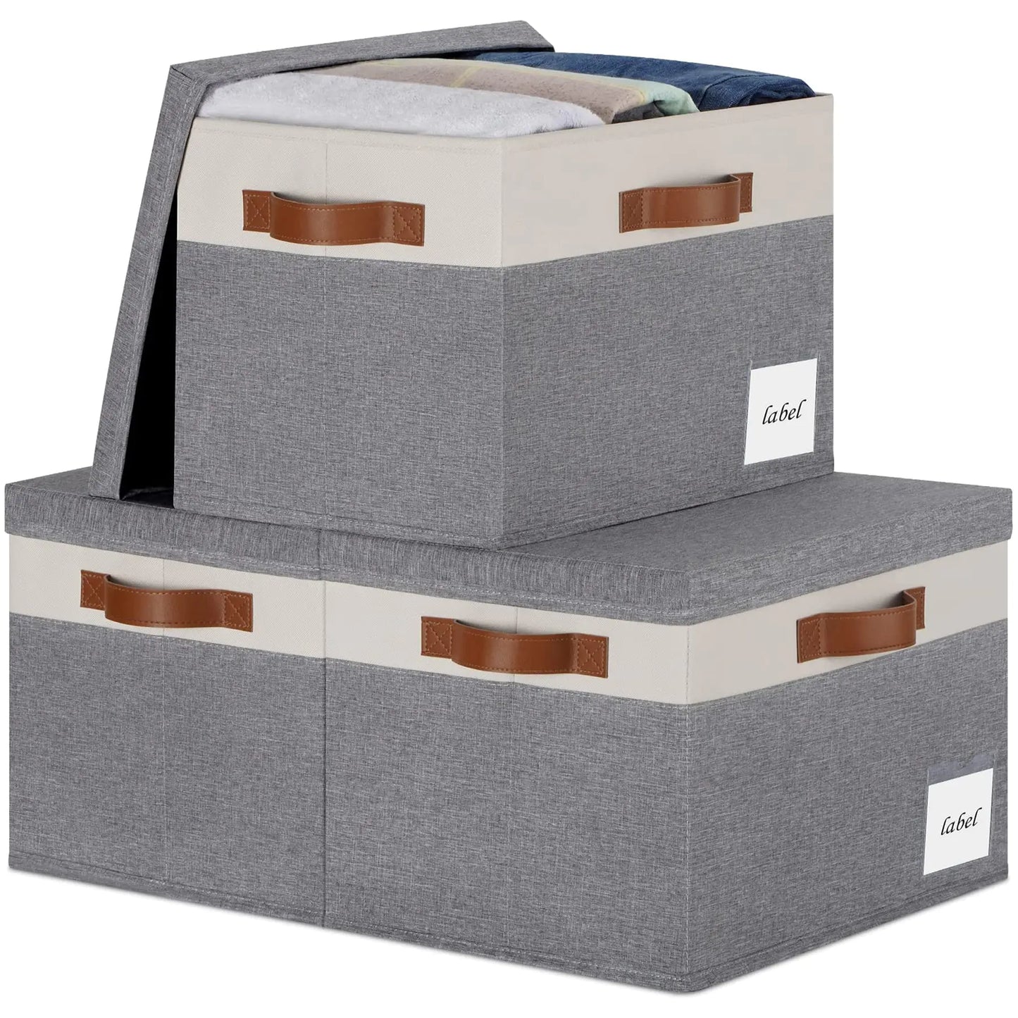 Extra Large Storage Bins with Lids Foldable Fabric Storage Baskets with Lids Sturdy Storage Boxes with Labels and 3 PU Handles for Closet Home Bedroom Office (32L 3 Packs Grey&White)
