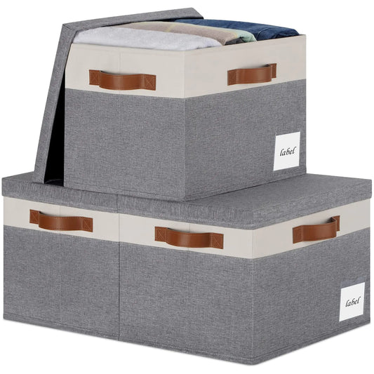 Extra Large Storage Bins with Lids Foldable Fabric Storage Baskets with Lids Sturdy Storage Boxes with Labels and 3 PU Handles for Closet Home Bedroom Office (32L 3 Packs Grey&White)