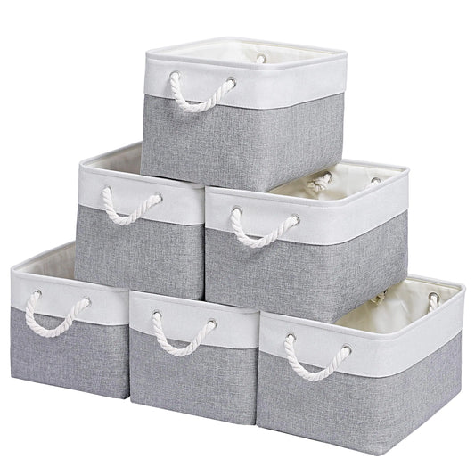 ISEMINGLA 15x11x9.5 Inch Storage Baskets for Shelves6 Pack Storage Bins，Foldable Organizer Boxes Decorative Storage Basket for Organizing Clothes Toys Books Foldable Cloth Baskets (White&Gray)