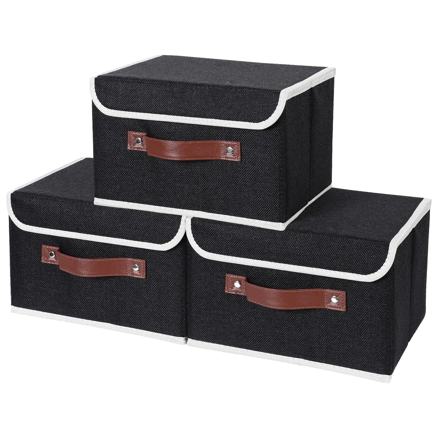 LaMorée Storage Bins with Lids Decorative Storage Boxes with PU Leather Handle 3 Pack Collapsible Closet Storage Basket Cotton Linen Basket Fabric Storage Cubes 10.2" Lx7.9 Wx6.7 H Black